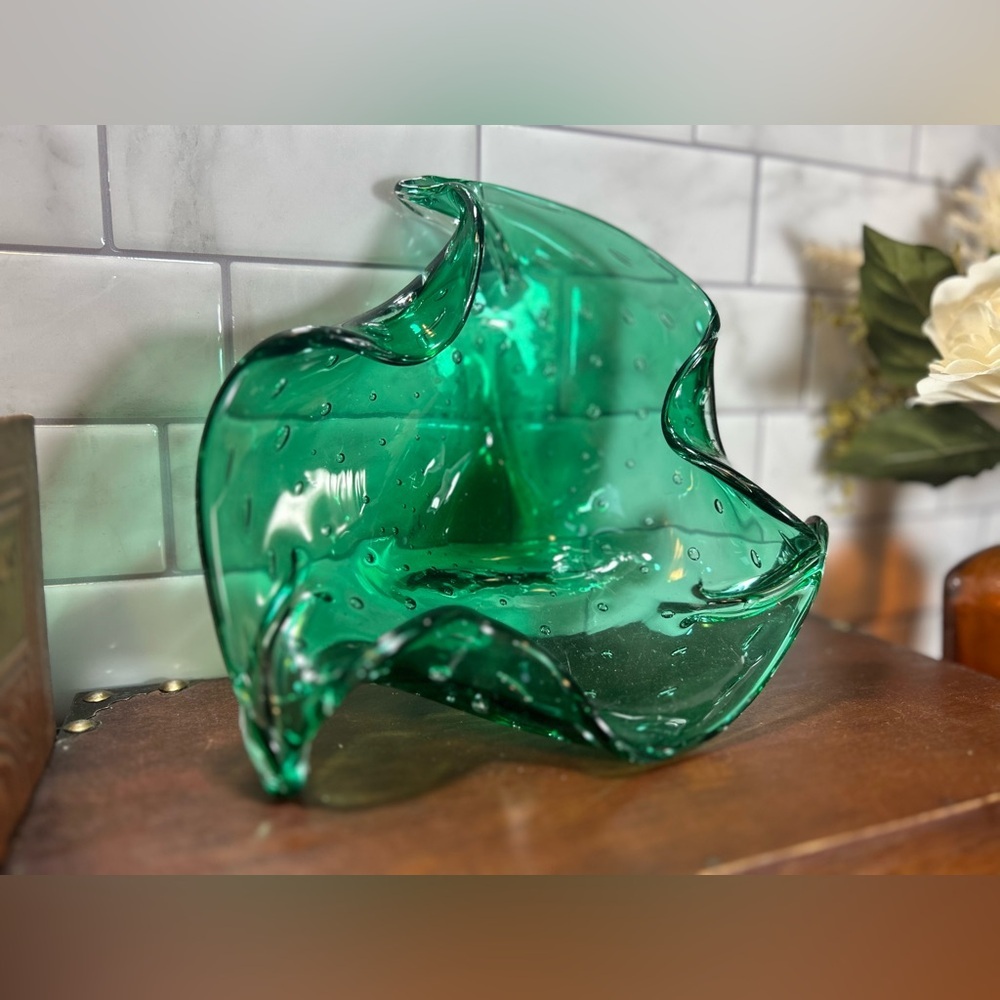Vintage Murano Art Glass Bowl Bullicante Controlled Bubbles Emerald Green